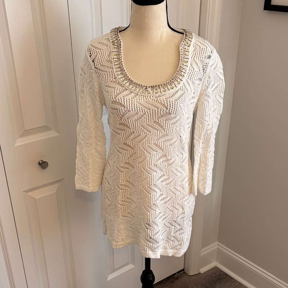 WHBM White Knit Sweater with Embellished Neckline, NWT